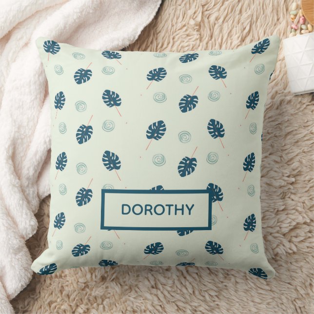 Almofada Monstera tropical deixa monograma em azul (Cobertor)