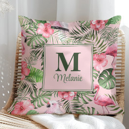 Almofada Monstera Tropical e Monograma de Flamingo