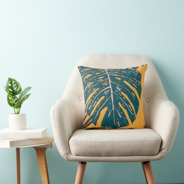 Almofada Monstera Tropical Moderna Folha Linocut Dupla Face (Cadeira)