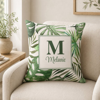 Almofada Monstera Tropical Personalizada com Nome e Inicial