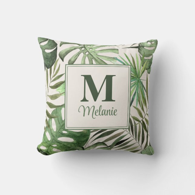 Almofada Monstera Tropical Personalizada com Nome e Inicial (Frente)