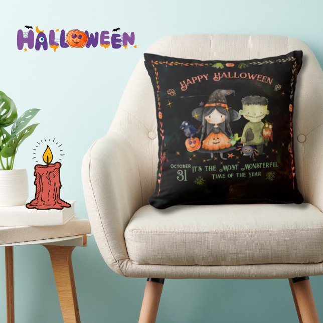 Almofada Monstro das Halloween e Bruxa (Halloween Monster and a Witch Throw Pillow)