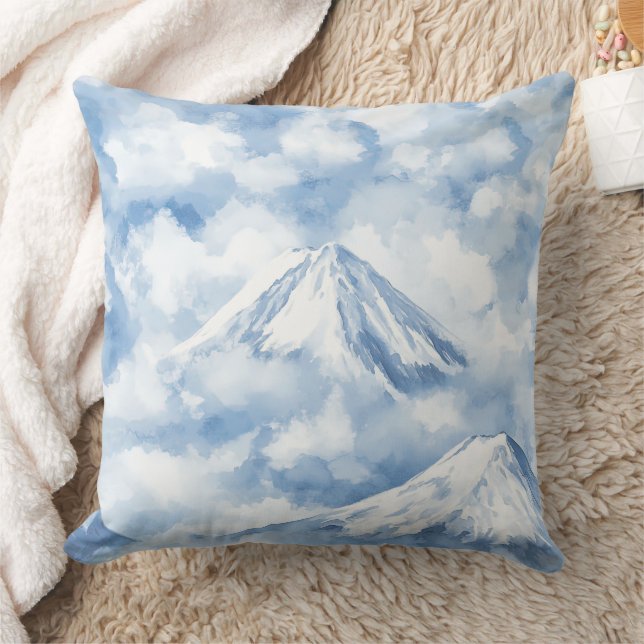 Almofada Montanhas de Aquarela Suave Neve Nuvens Azul Branc (Cobertor)