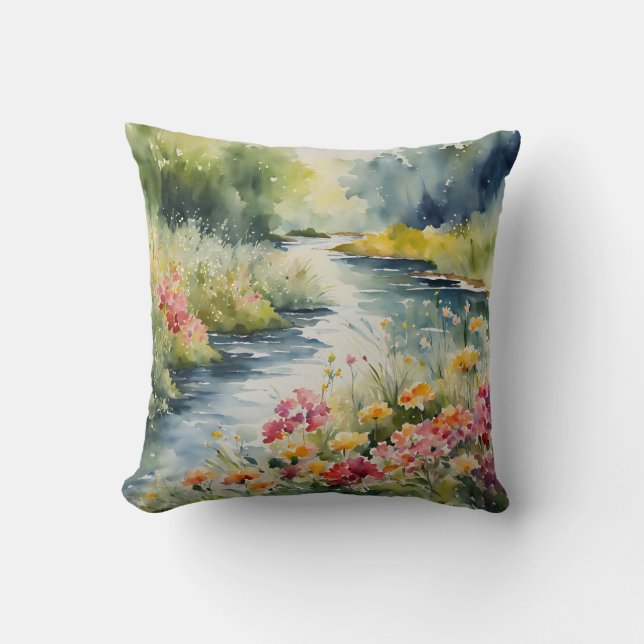 Almofada Montanhas de Cachorro de Flores Selvagens Aquarela (Frente)