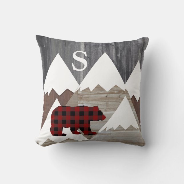 Almofada Montanhas Nevadas Rústicas Xadrez Búfalo Urso Mono (Frente)