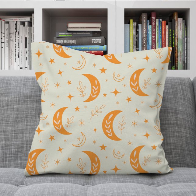 Almofada Moon Laranja Boho e Padrão de Estrelas (Criador carregado)