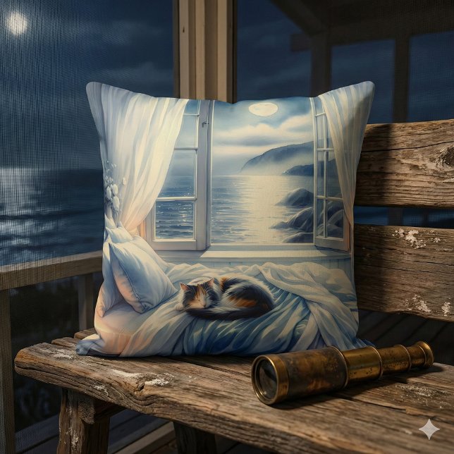 Almofada Moonlit Coastal Bedroom with Sleeping Cat (Moonlit Coastal Bedroom with Sleeping Cat Throw Pillow Mockup A)