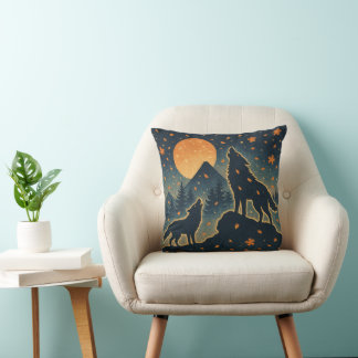 Almofada Moonlit Wolves & Mount Fuji – Japanese Night Art