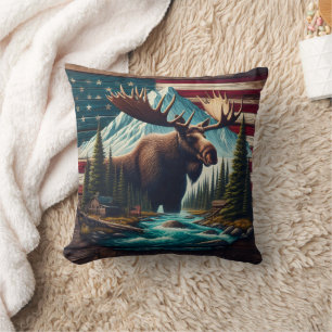 Almofada Moose Majestosa Entre Montanhas e Bandeiras Americ