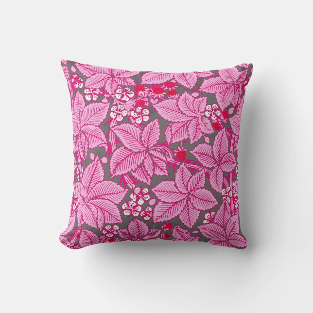 Almofada Morangos e folhas de Nouveau da arte, rosa e (Frente)