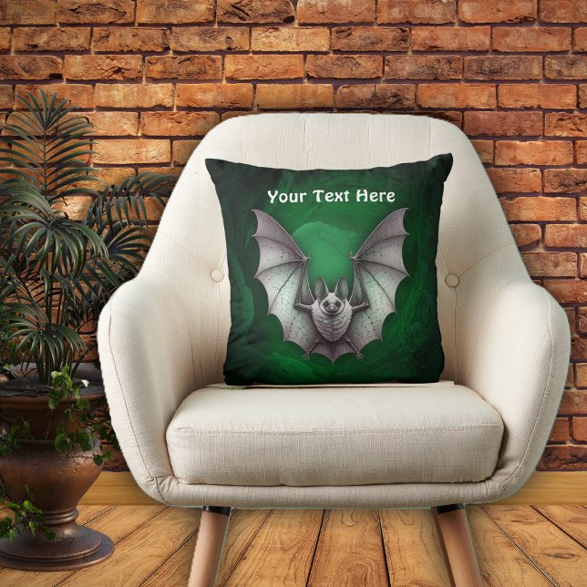 Almofada Morcego Cinza Voador Caverna Assustadora Verde Bri (Grey bat flying from spooky glowing green cave with trees on Halloween throw pillow.)