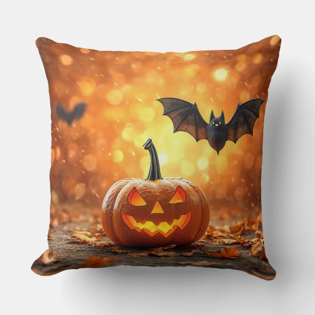 Almofada 🎃🧡 Morcego de Abóbora Vibrações Assustadoras e A (Frente)