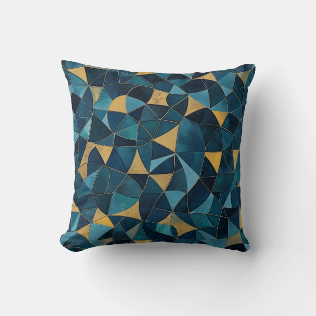 Almofada Mosaico Abstrato azul e Dourado (Frente)