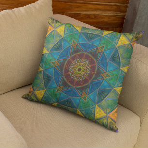 Almofada Mosaico Caleidoscópio Flor Amarelo Azul e Verde