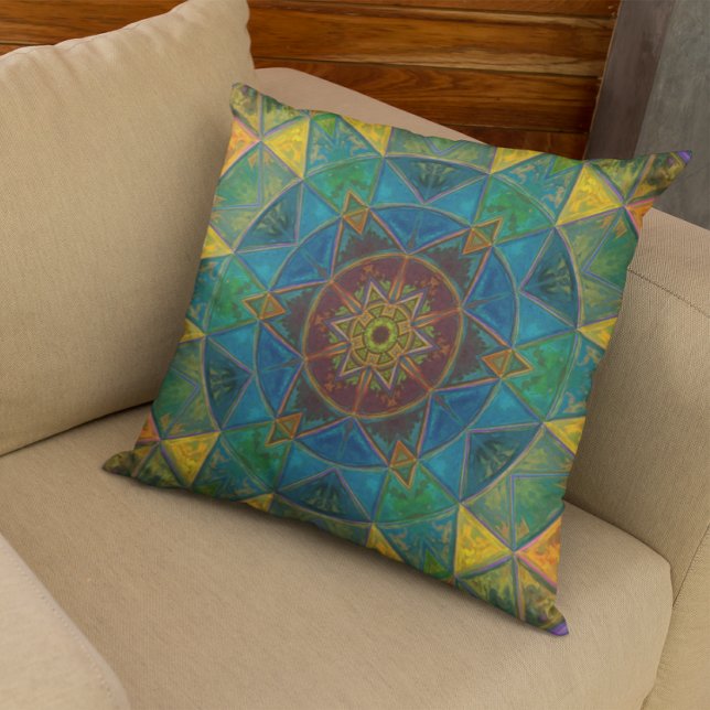 Almofada Mosaico Caleidoscópio Flor Amarelo Azul e Verde (Criador carregado)