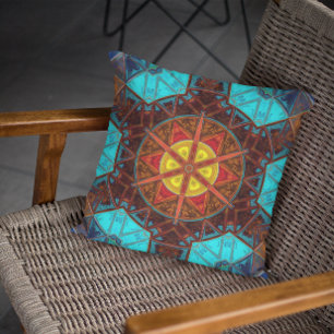 Almofada Mosaico Caleidoscópio Flor Amarelo Laranja e Azul