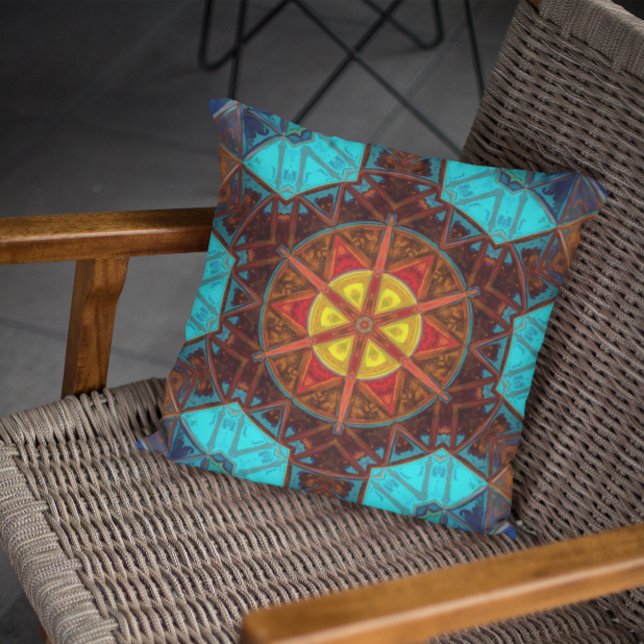 Almofada Mosaico Caleidoscópio Flor Amarelo Laranja e Azul (Criador carregado)