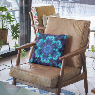 Almofada Mosaico Caleidoscópio Flor Azul e Púrpura