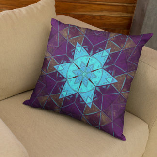 Almofada Mosaico Caleidoscópio Flor Azul e Púrpura