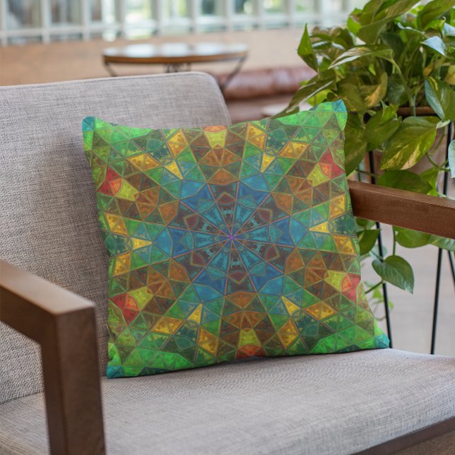 Almofada Mosaico Caleidoscópio Flor Verde Azul e Amarelo (Criador carregado)