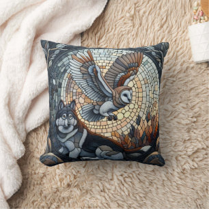 Almofada Mosaico de Coruja e Lobo Natureza Arte de IA