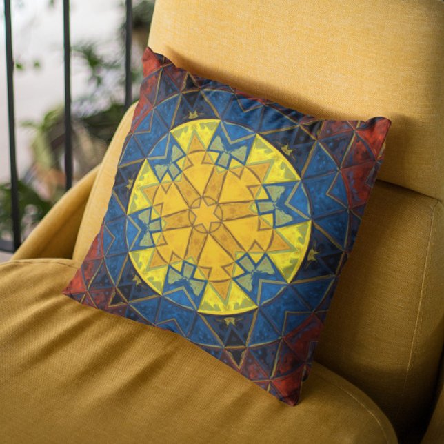 Almofada Mosaico Mandala Flor Amarelo Azul e Vermelho (Criador carregado)