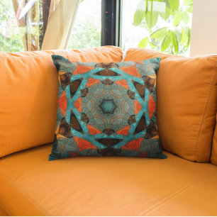 Almofada Mosaico Mandala Flor Azul e Laranja
