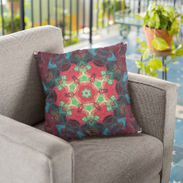 Almofada Mosaico Mandala Flor Vermelho Teal e Azul