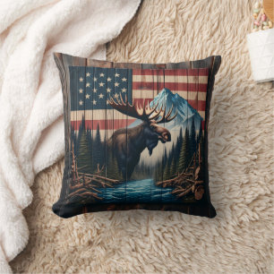 Almofada Moso Contra Bandeira Americana e Paisagem Montanho