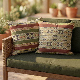 Almofada Mostarda de Óxido Vermelho Verde Oliva Ikat Arte