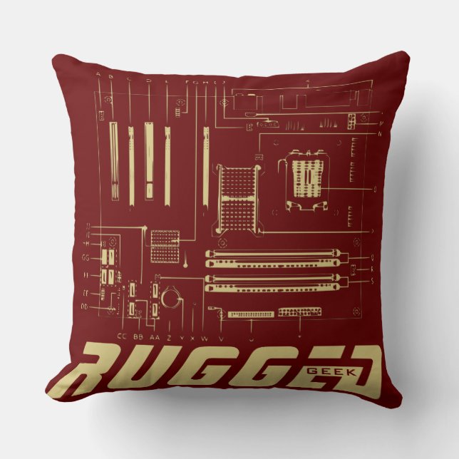 Almofada Motherboard Tech de GEEK vermelho e ouro RUGGGG (Frente)