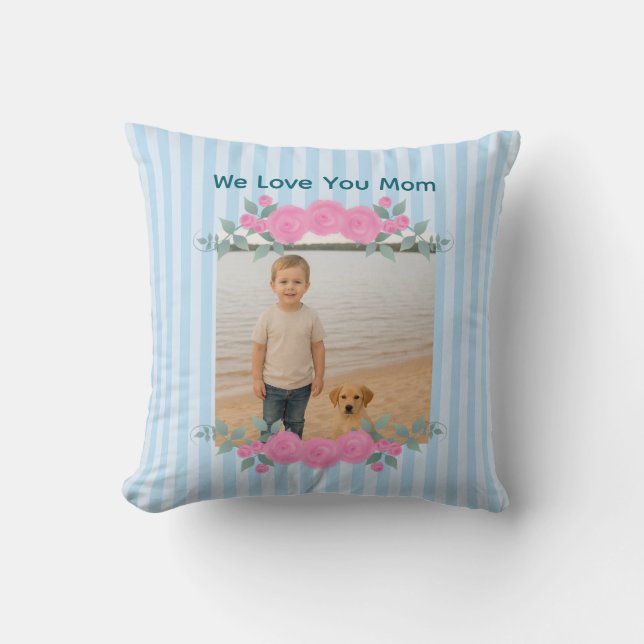 Almofada Mother's Day Mom Photo Throw Pillow Roses Blue (Frente)