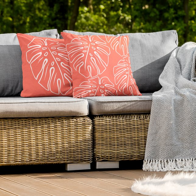 Almofada Motif De Folha Tropical Branca, Vermelho Coral, La (Criador carregado)