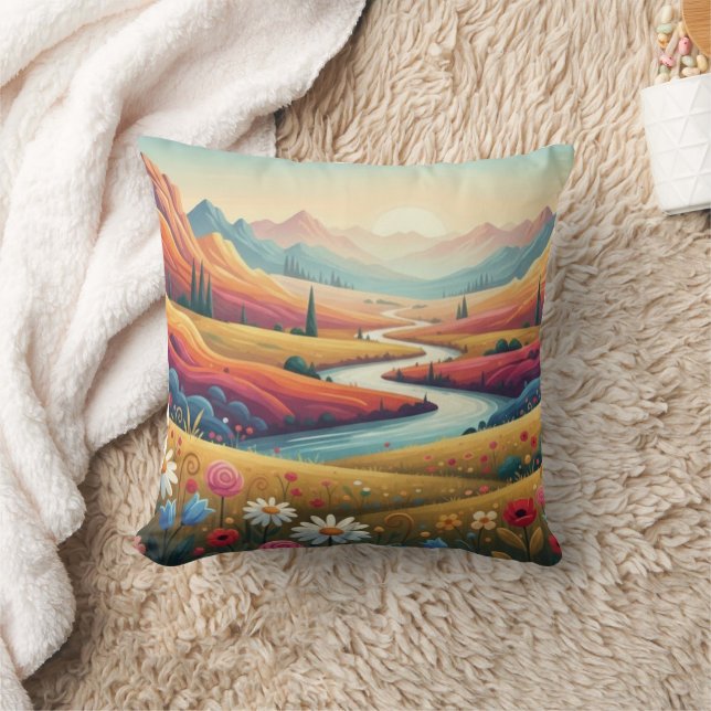 Almofada Mountain Dreamscape: Valley of Vibrant Bloom (Cobertor)