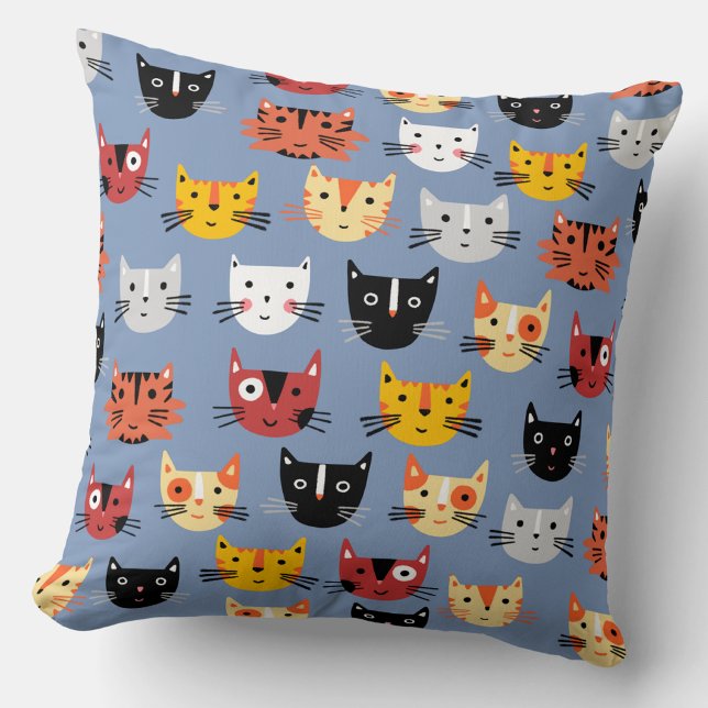 Almofada Muitos Gatos (Funny kitty cat faces blue throw pillow)