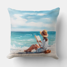 ALMOFADA MULHER AQUARELA LENDO NA PRAIA