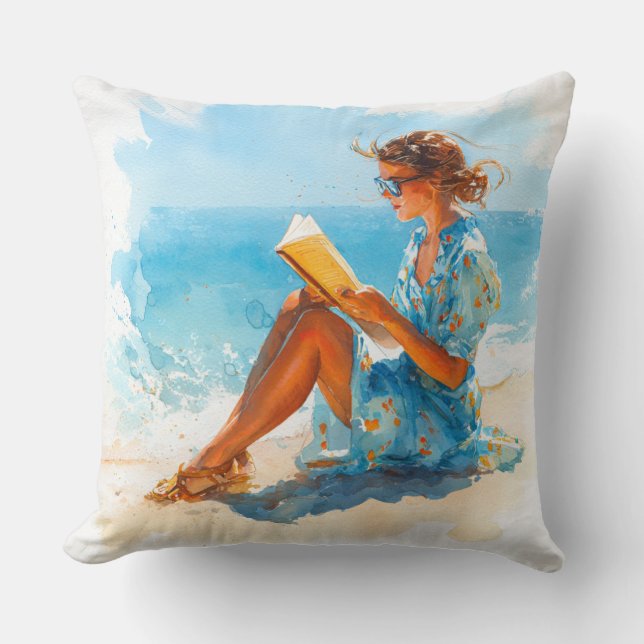 ALMOFADA MULHER AQUARELA LENDO NA PRAIA (Frente)