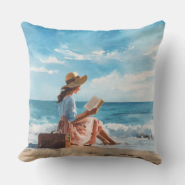 ALMOFADA MULHER AQUARELA LENDO NA PRAIA