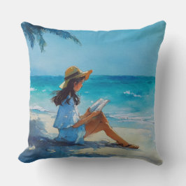 ALMOFADA MULHER AQUARELA LENDO NA PRAIA