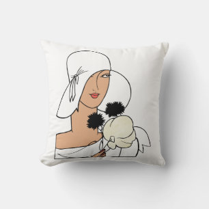 Almofada Mulher Art Déco Vintage com Flores Usando Chapéu C