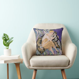 Almofada Mulher Art Déco Vintage com Gato por S. Chompre
