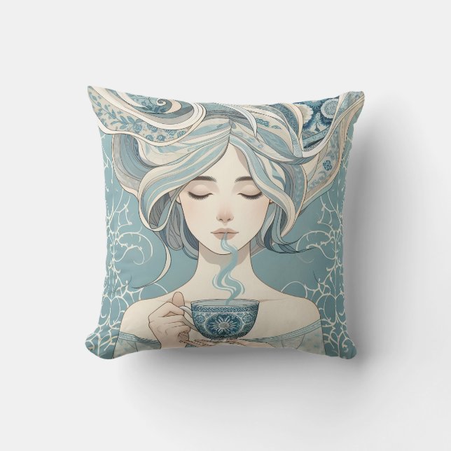 Almofada Mulher Azulejo otomana com chá - Fluxo Azul Suave (Frente)