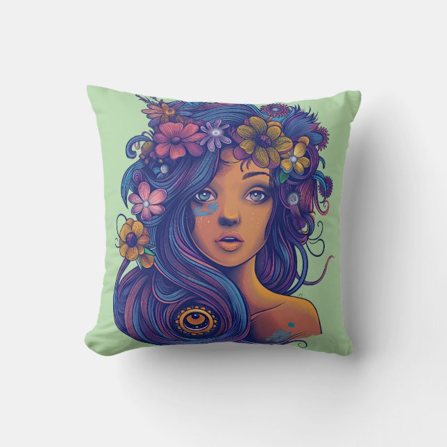 Almofada Mulher Boho Fantasy com Cabelo Floral (Frente)
