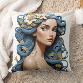 Almofada Mulher com flores no cabelo.
