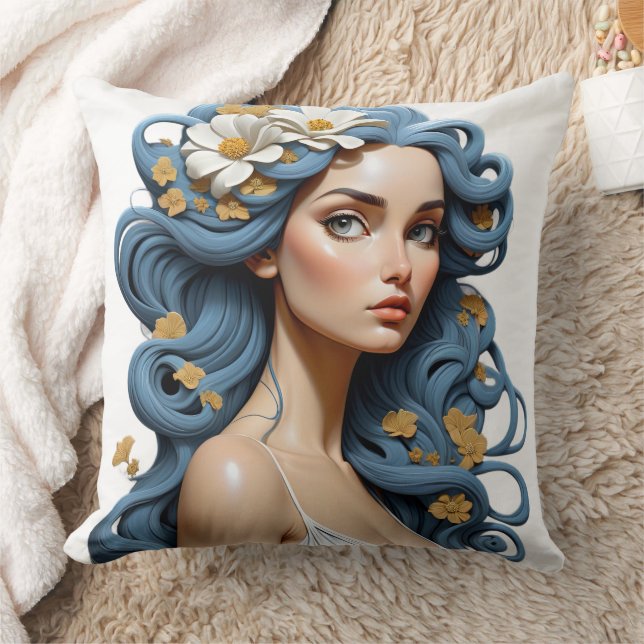 Almofada Mulher com flores no cabelo. (Cobertor)