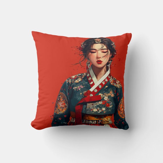 Almofada Mulher Coreana Moderna em Retrato de Hanbok (Frente)