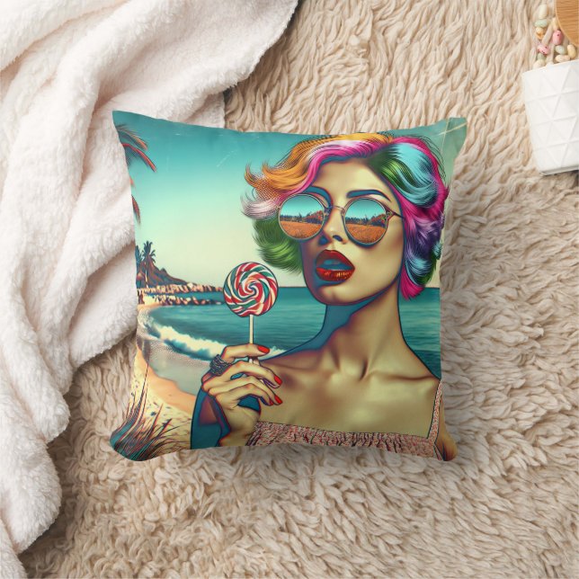 Almofada Mulher de Arte Pop Retro com Pirulito (Cobertor)