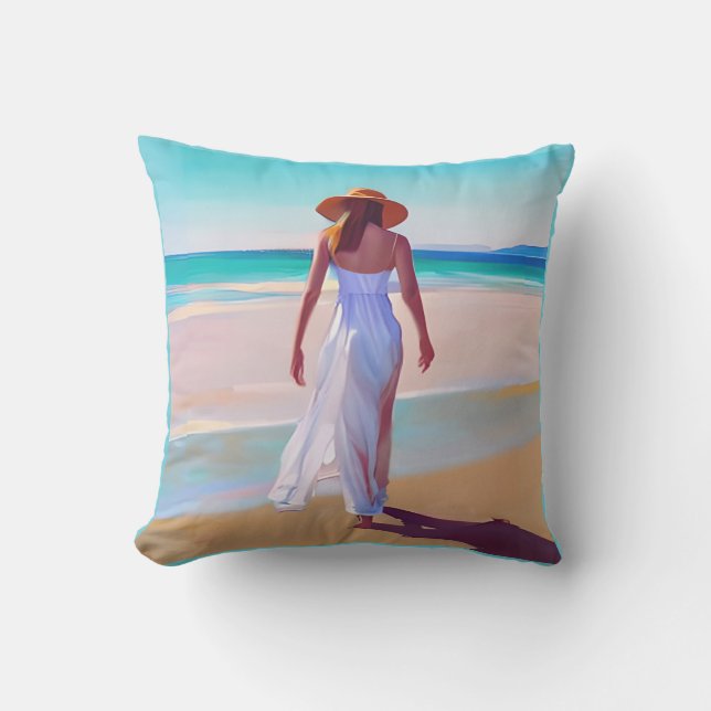 Almofada Mulher de branco na praia (Frente)
