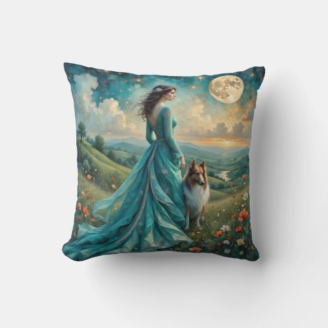 Almofada Mulher em Turquesa Vestida e Sable Rough Collie (Frente)