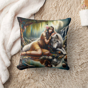 Almofada Mulher Nativa Americana Abraça o Lobo por Waterfal